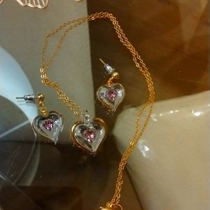 Golden clear and pink heart necklace and earrings.
